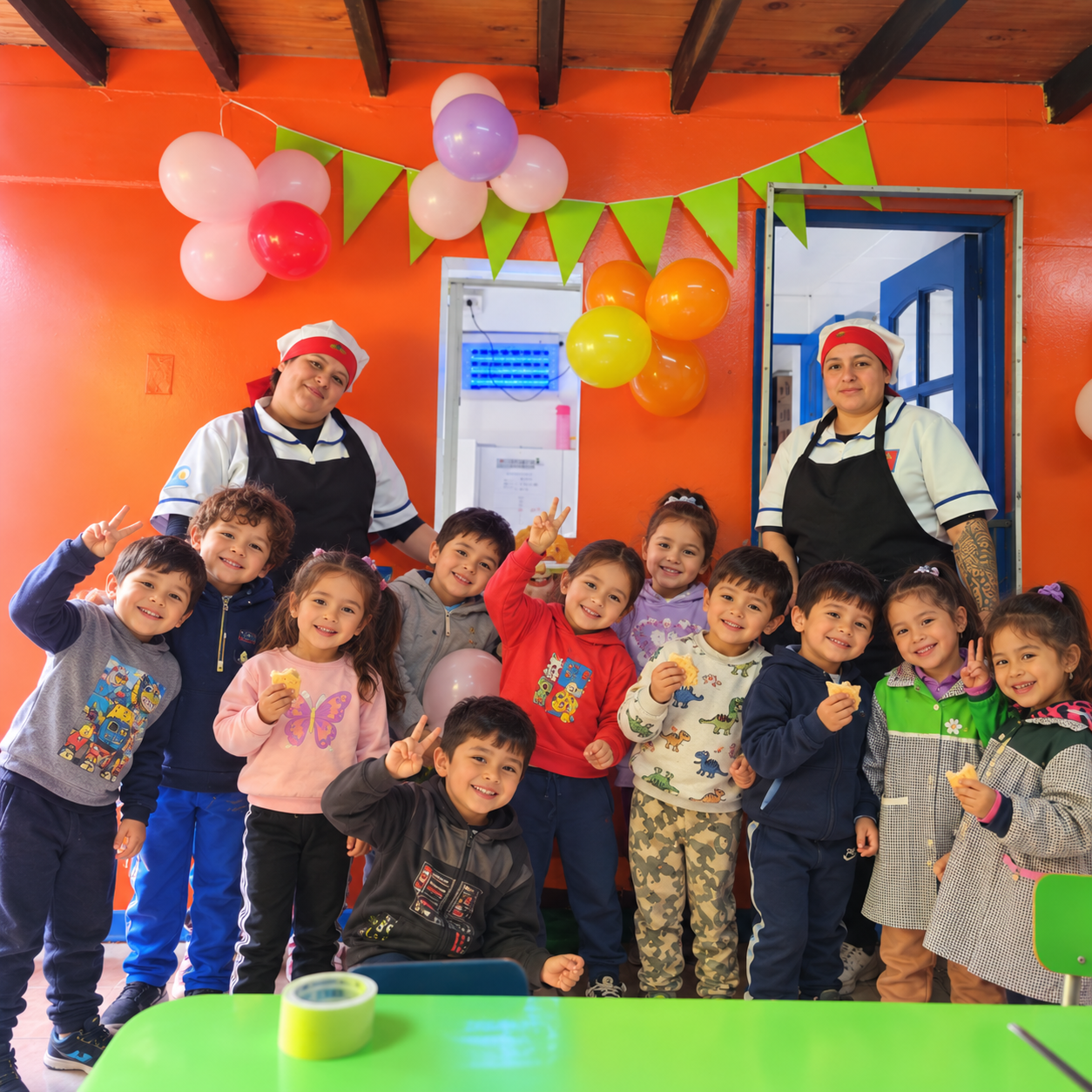 Foto de grupo escolar festivo con globos