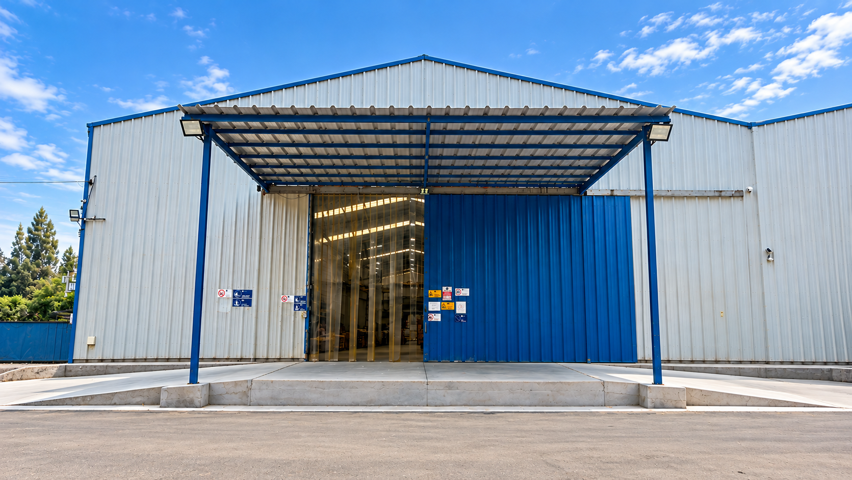 Entrada industrial moderna bajo cielo azul