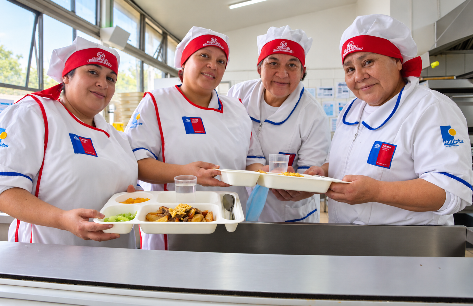 Mujeres sonrientes sirviendo comidas escolares