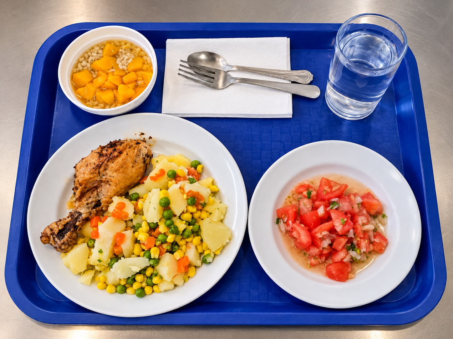 Bandeja de cafetería con pollo y verduras