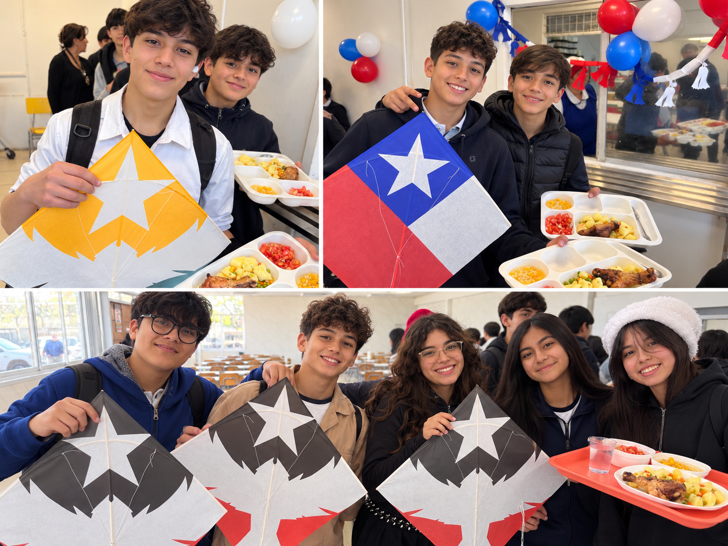Collage escolar con cometas y sonrisas
